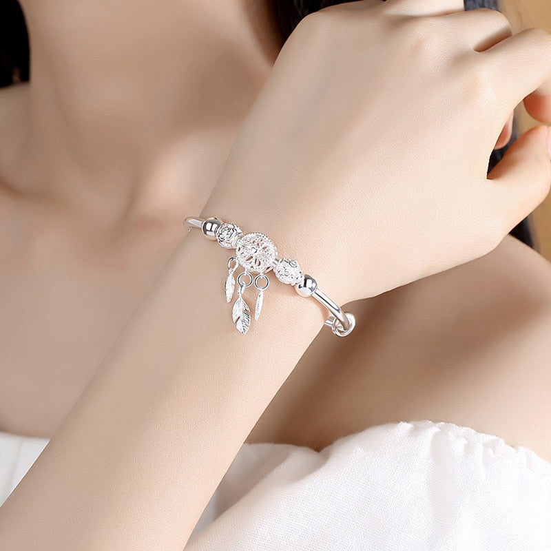 NNEOBA Feather Round Bead Charm Bracelet-3