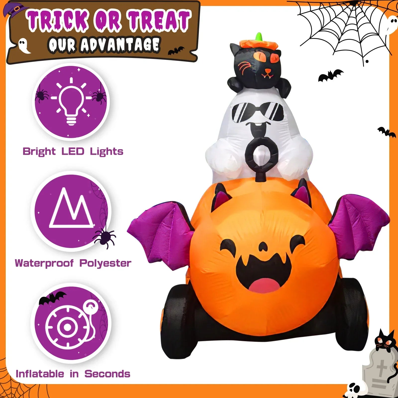 Halloween Inflatable Ghost with Pumpkin Cart - 6FT-3