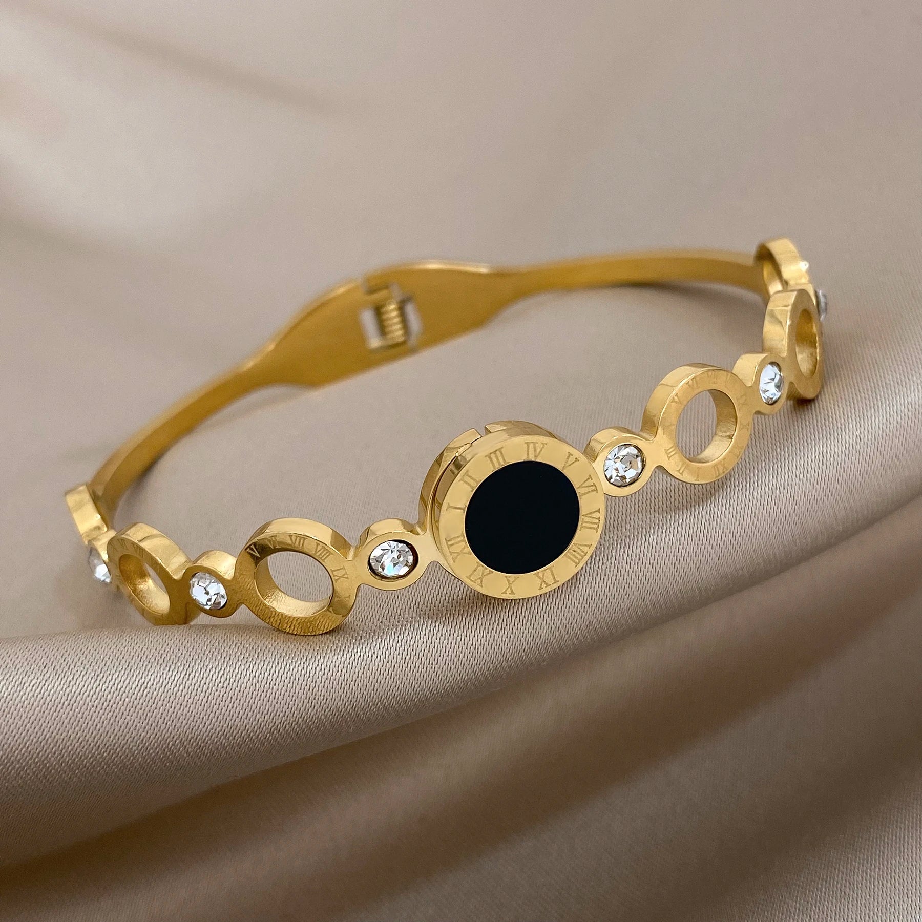 NNEOBA Stylish Black Gold Roman Numerals Stainless Bangles-2